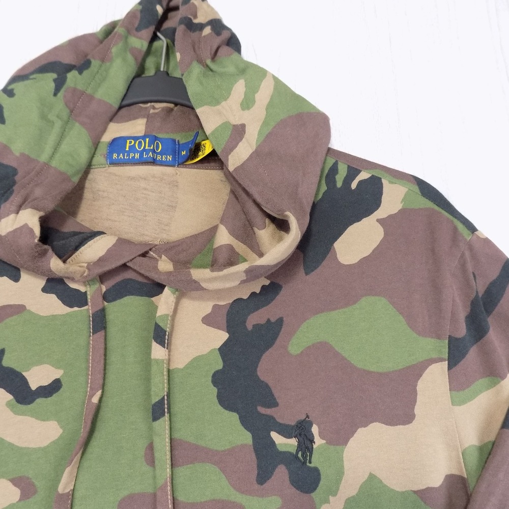 Polo Ralph Lauren Camo Hooded T-Shirt Mens M Green Camouflage Long Sleeve EUC